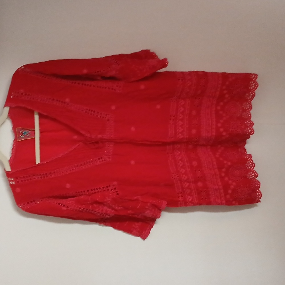 Johnny Was Red "Embroidered" Blouse  (No Size Label) Measurements Below